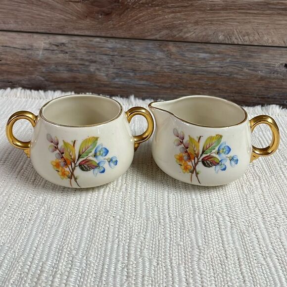 Cream and Sugar Porcelain Set with Gold Leaf Trim and Floral Design - Picture 1 of 7